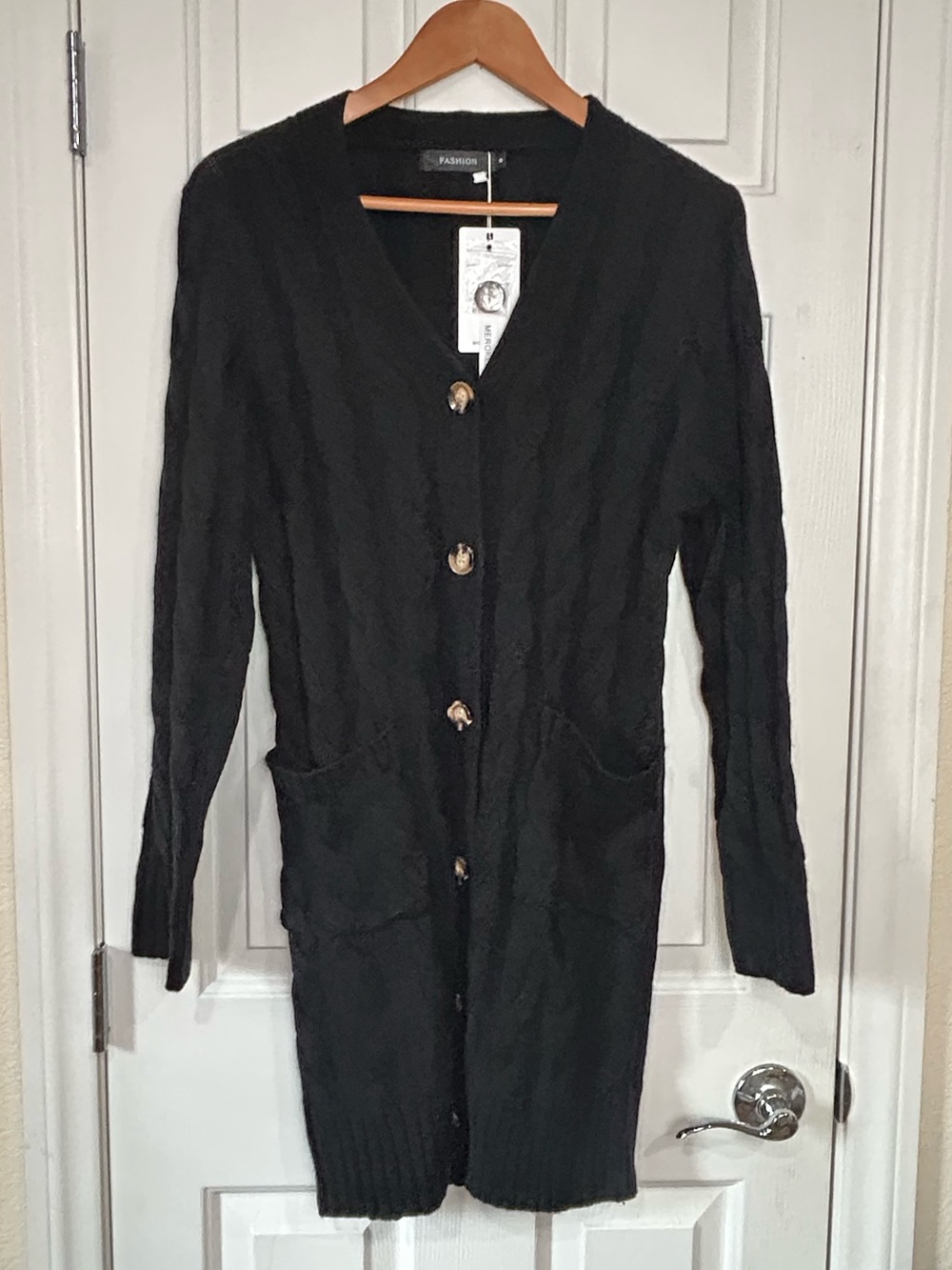 NWT MEROKEETY Black Long Cable Knit Button-Down Cardigan Sweater Size Small